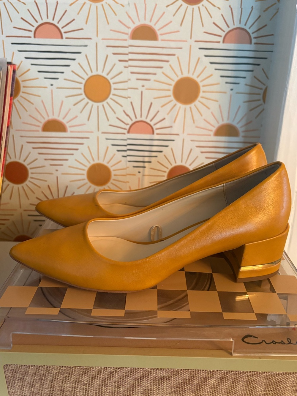 Zara Pointed-Toe Low Block Heel Pumps in Mustard